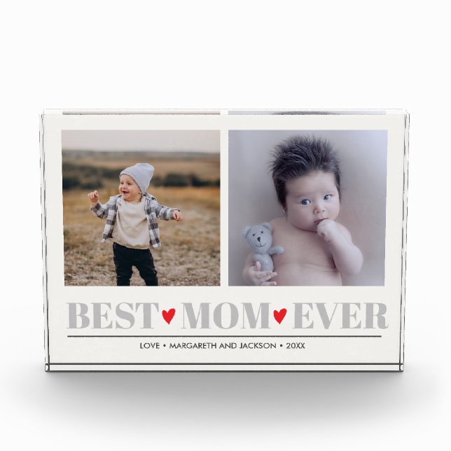 Red BEST MOM EVER collage 2 Photo Blue Hearts  Acrylic Award (Front)