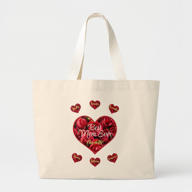 Red Best Mom Ever Kids Name Modern Mothers Day Large Tote Bag (Front)