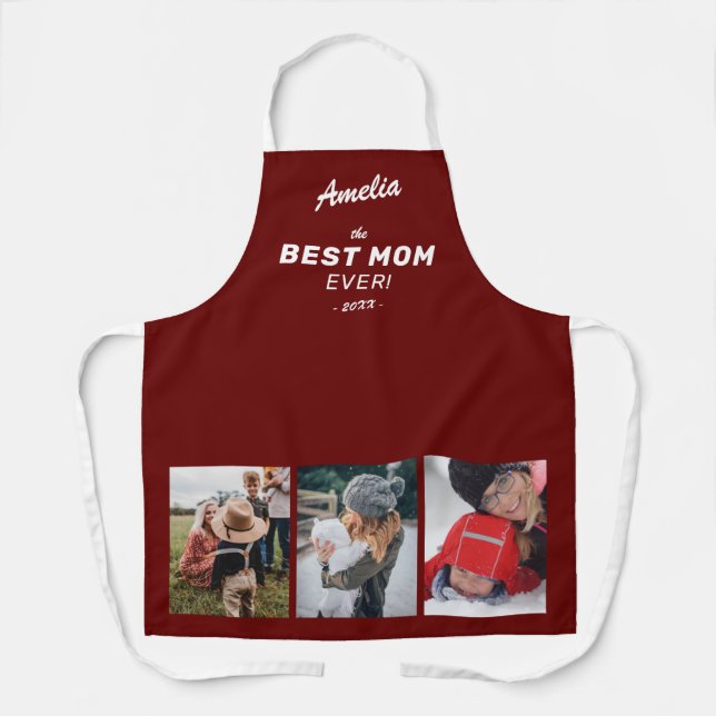 Red Best Mom Ever Mother`s Day Keepsake 3 Photo Apron (Front)