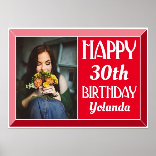 Red Beveled Art Deco Birthday Photo Poster