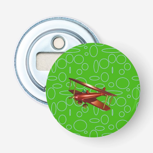 Red Bi-plane on Green Circles and Loops Bottle Opener (Front)