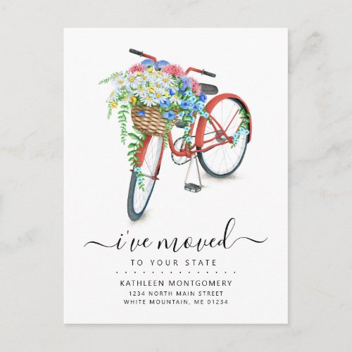 Red Bicycle Pink Blue Floral Basket Moving Announcement Postcard