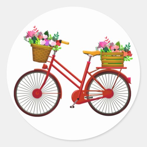 Red Bicycle With Basket Of Flowers _ Classic Round Sticker