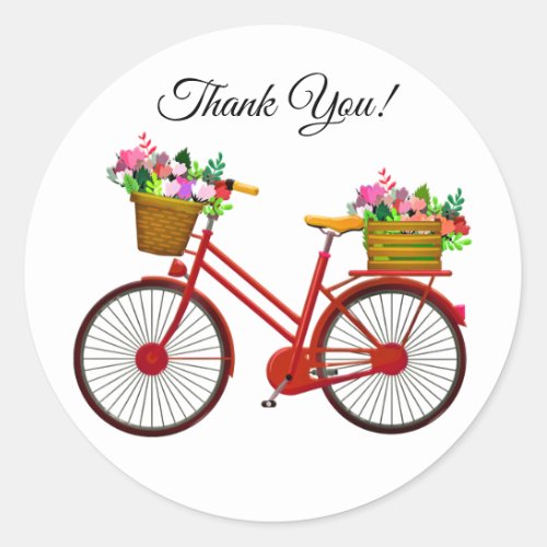 Red Bicycle With Basket Of Flowers Thank You Classic Round Sticker