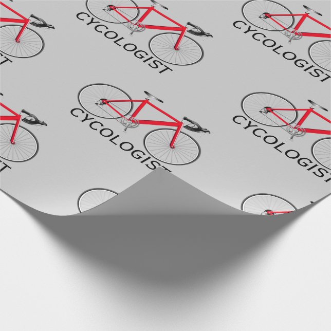 Red Bicycle with Cycologist Text on Grayr Wrapping Paper (Corner)