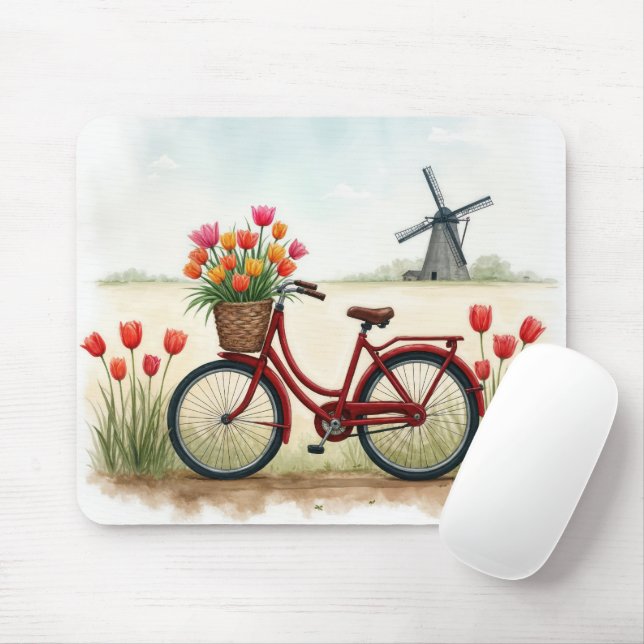 Red Bicycle With Dutch Tulips Mouse Pad (With Mouse)