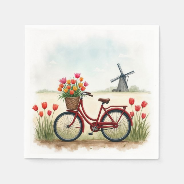 Red Bicycle With Dutch Tulips Napkins (Front)
