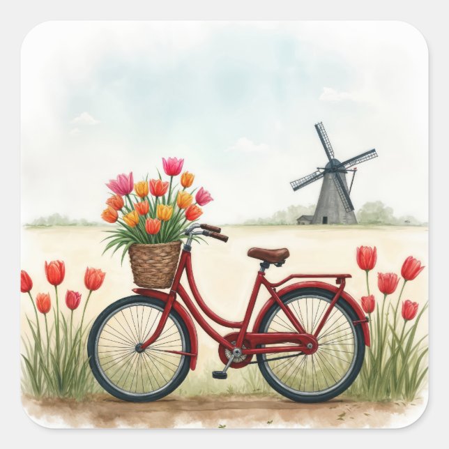 Red Bicycle With Dutch Tulips Square Sticker (Front)