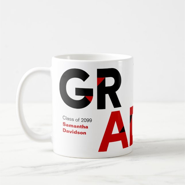 Red Big Bold Angle-Cut Letters Graduation Coffee Mug (Left)