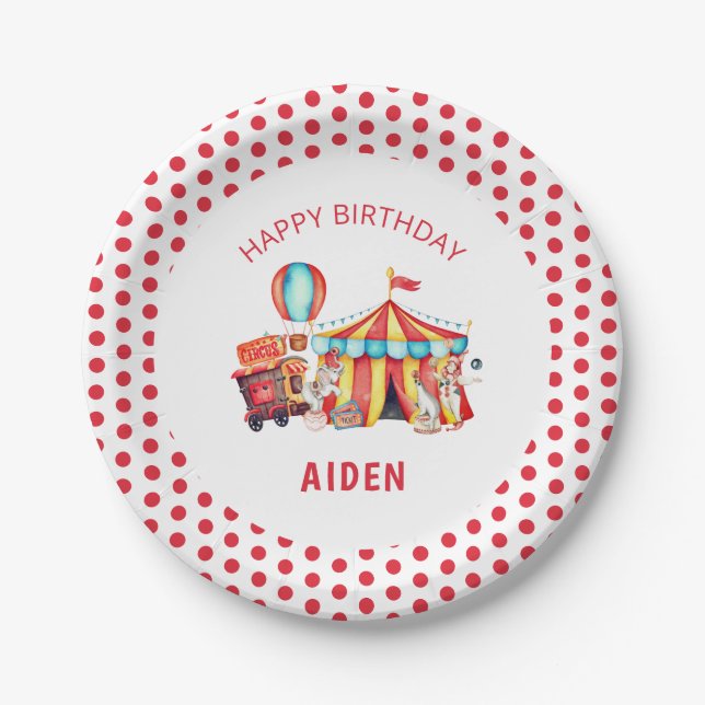 Red Big Top Circus Happy Birthday Paper Plates (Front)