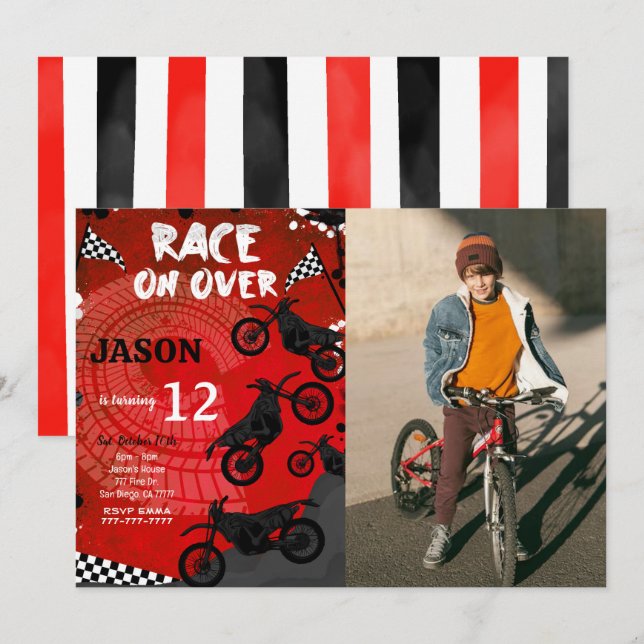 Red Bike Birthday Photo Invitation  (Front/Back)