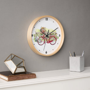 Red Bike with Flowers Watercolor Clock