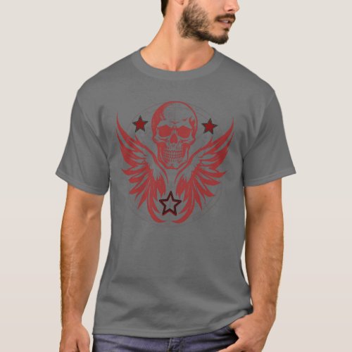 Red Biker Style Skull and Wings T_Shirt