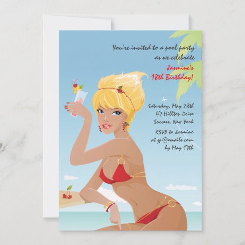 Red Bikini Girl Birthday Party Invitation