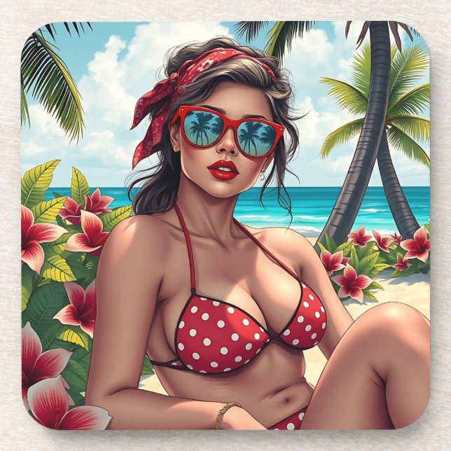 Red Bikini, Sunglasses and Bandana Woman  Beverage Coaster (Front)