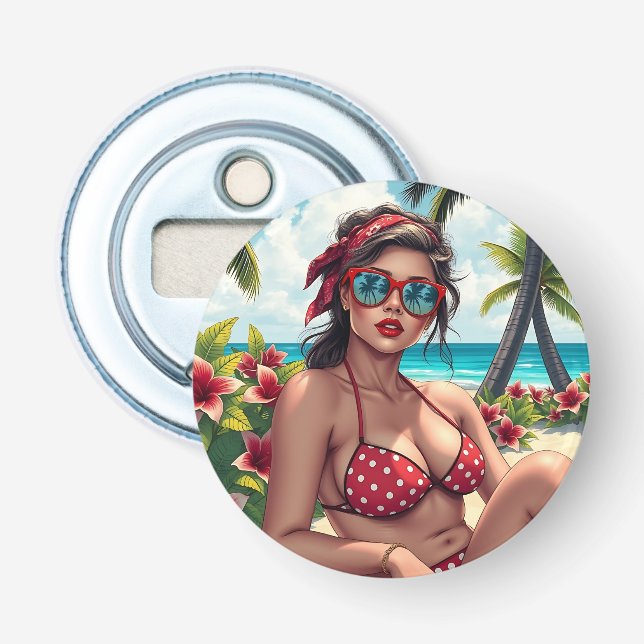 Red Bikini, Sunglasses and Bandana Woman   Bottle Opener (Front)