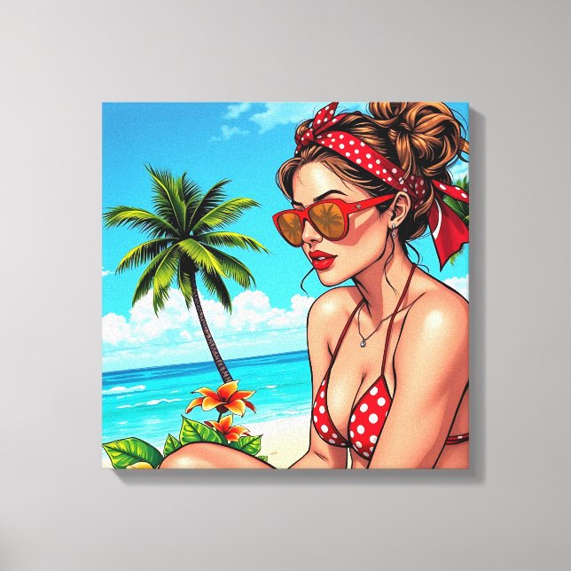 Red Bikini, Sunglasses and Bandana Woman   Canvas Print (Front)