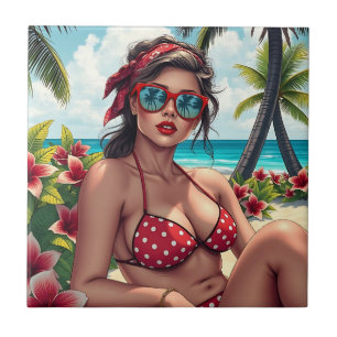 Red Bikini, Sunglasses and Bandana Woman Ceramic Tile