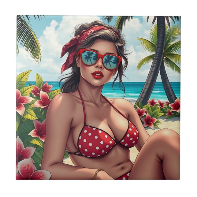 Red Bikini, Sunglasses and Bandana Woman  Ceramic Tile (Front)