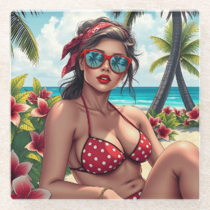 Red Bikini, Sunglasses and Bandana Woman  Glass Coaster