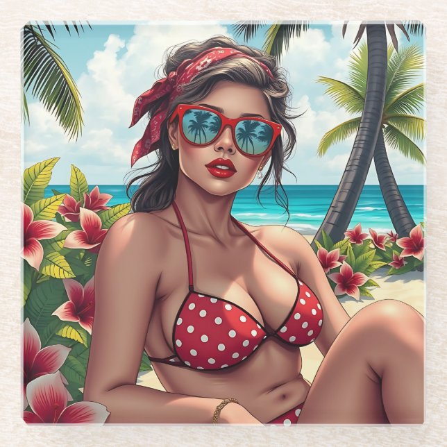 Red Bikini, Sunglasses and Bandana Woman  Glass Coaster (Front)