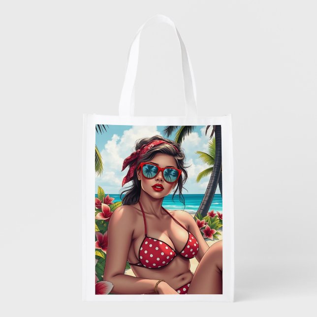 Red Bikini, Sunglasses and Bandana Woman   Grocery Bag (Front)