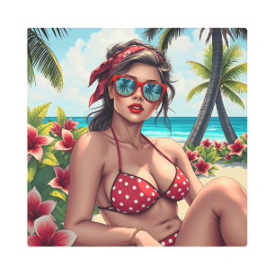 Red Bikini, Sunglasses and Bandana Woman Metal Print