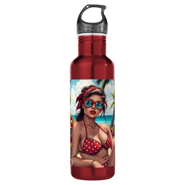 Red Bikini, Sunglasses and Bandana Woman   Stainless Steel Water Bottle (Front)