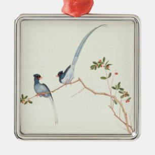 Red-billed blue magpies,a branch red berries metal ornament