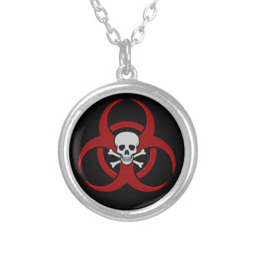 Red Biohazard Skull Silver Plated Necklace