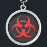 Red Biohazard Symbol Necklace<br><div class="desc">Sterling silver charm necklace featuring a red biohazard symbol on a black background.</div>