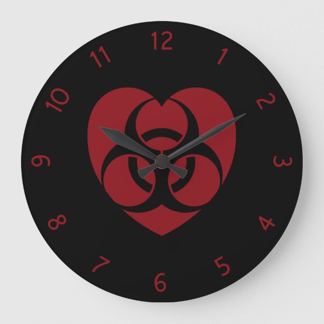 Red Biohazard Warning Heart Large Clock (Front)