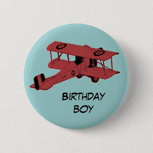 red biplane birthday boy pin button