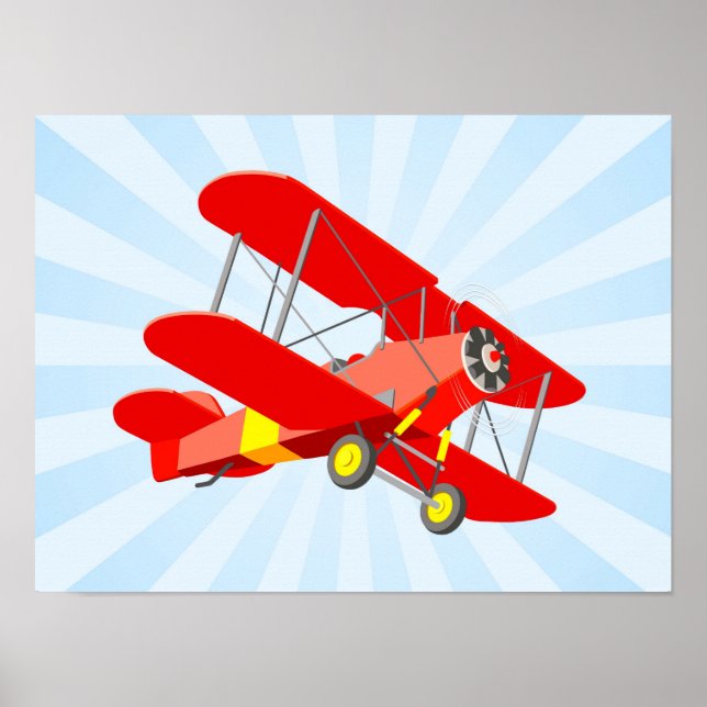 Red Biplane Graphic with Blue Star Burst Poster (Front)