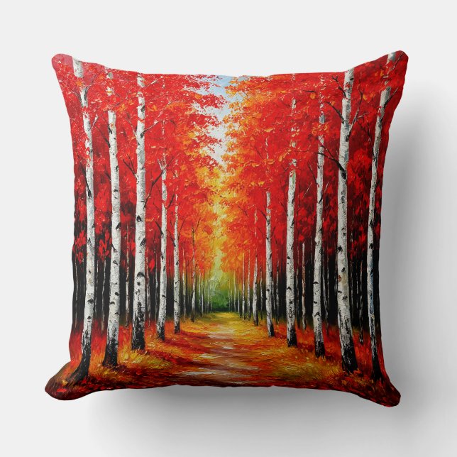 Red Birch Forest Pathway Capturing the Beauty Throw Pillow (Front)