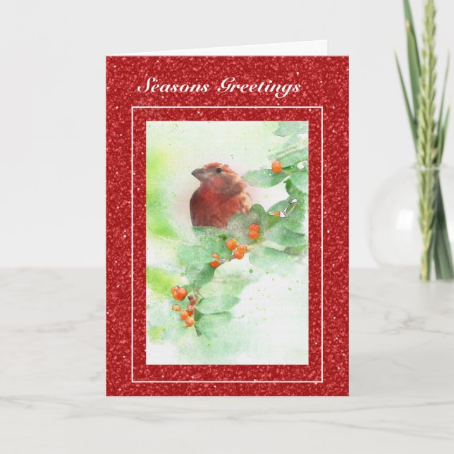 Red Bird and Berries Christmas Card (Front)