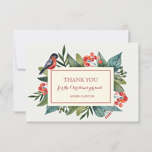 Red Bird and Berries Thank You Card (Front)