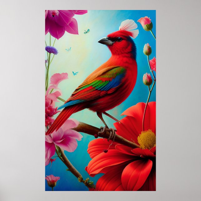 Red bird and flowers poster (Front)