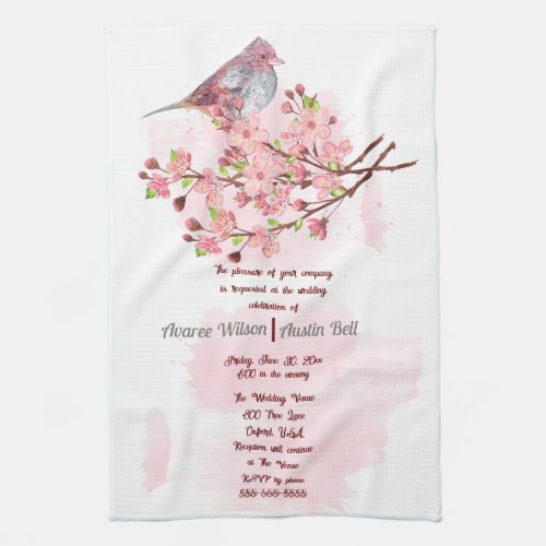 Red Bird and Pink Cherry Blossoms Invitation  Kitchen Towel