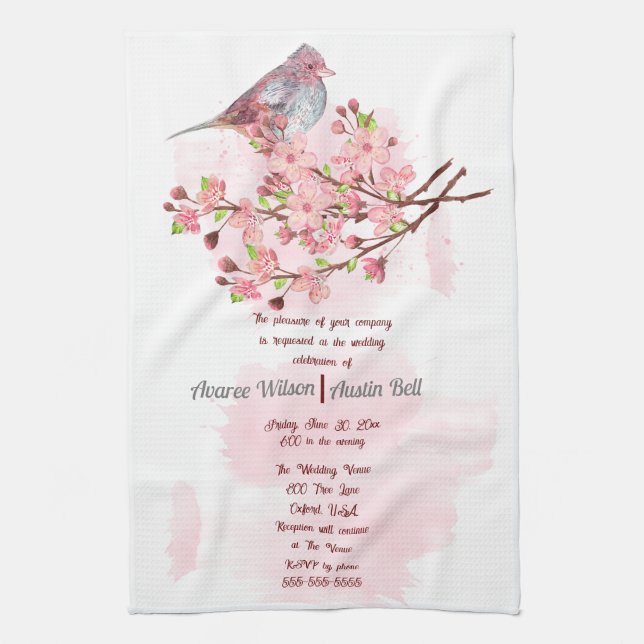 Red Bird and Pink Cherry Blossoms Invitation  Kitchen Towel (Vertical)