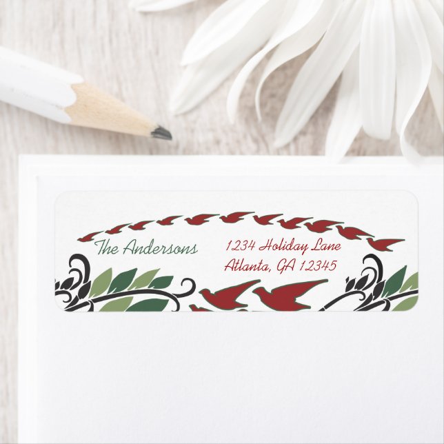Red Bird Arch Leaf Swirl Art Nouveau Address Label (Insitu)