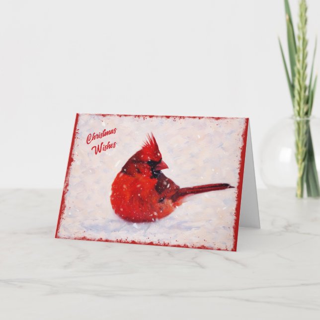 Red Bird Cardinal and Snow Christmas Card (Front)