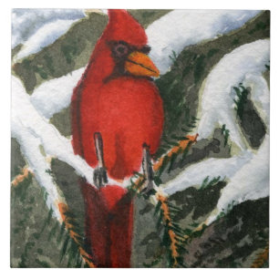 Red Bird Cardinal in the snow covered pines Ceramic Tile