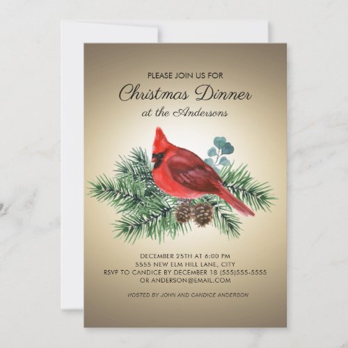 Red Bird Cardinal Pine Branches Christmas Dinner Invitation