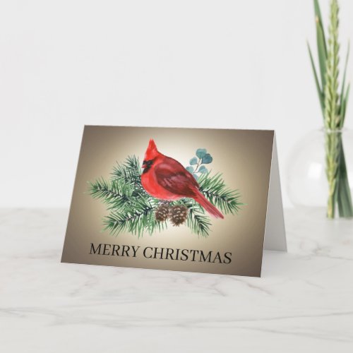 Red Bird Cardinal Pine Branches Merry Christmas Holiday Card
