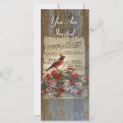 Red bird collage on a vintage music sheet invitation