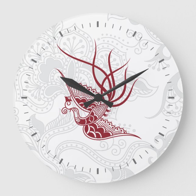 Red Bird & Floral Pattern Wall Clock (Front)