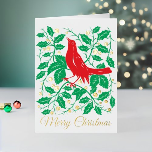 Red Bird  Holly Folded Foil Holiday Card