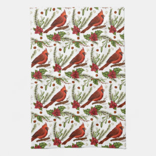 Red Bird, holly leaves, poinsettia, pine Kitchen Towel