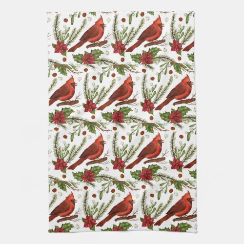 Red Bird, holly leaves, poinsettia, pine  Kitchen Towel